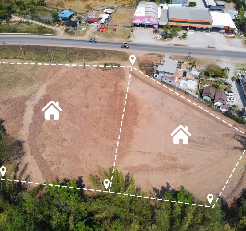 vacant land management land reclamation for land plot for building house aerial view, land pins location for housing subdivision residential development owned sale rent buy or investment home expand